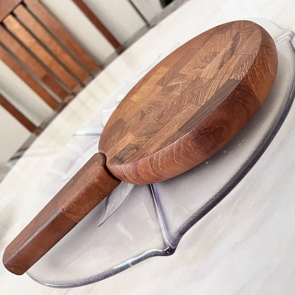 Vintage MCM Dansk Designs Round Cheese Cutting Board w/ Knife / Spreader Handle